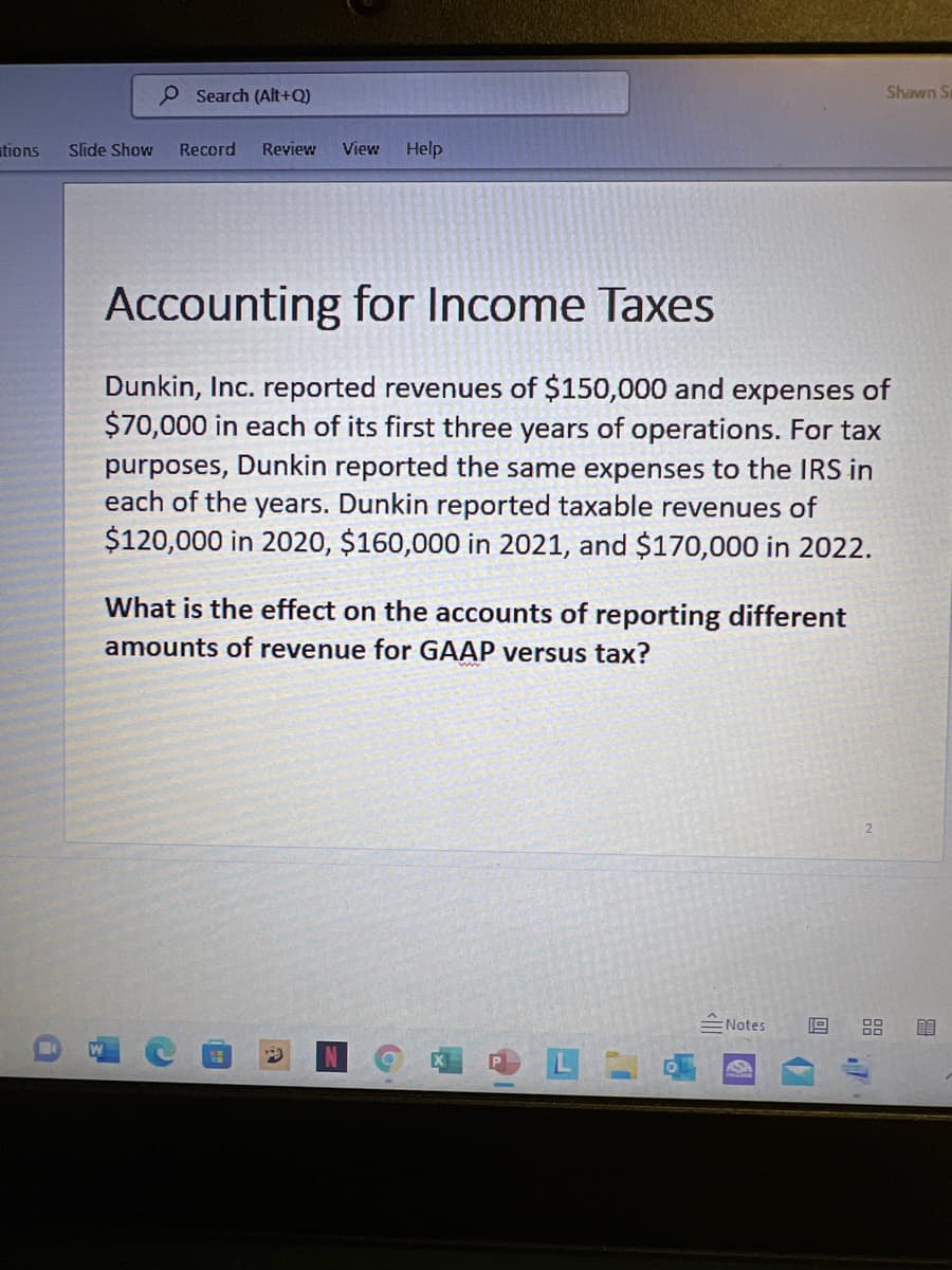P Search (Alt+Q)
Shawn St
ations
Slīde Show
Record
Review
View
Help
Accounting for Income Taxes
Dunkin, Inc. reported revenues of $150,000 and expenses of
$70,000 in each of its first three years of operations. For tax
Dunkin reported the same expenses to the IRS in
each of the years. Dunkin reported taxable revenues of
$120,000 in 2020, $160,000 in 2021, and $170,000 in 2022.
purposes,
What is the effect on the accounts of reporting different
amounts of revenue for GAAP versus tax?
ENotes
17
