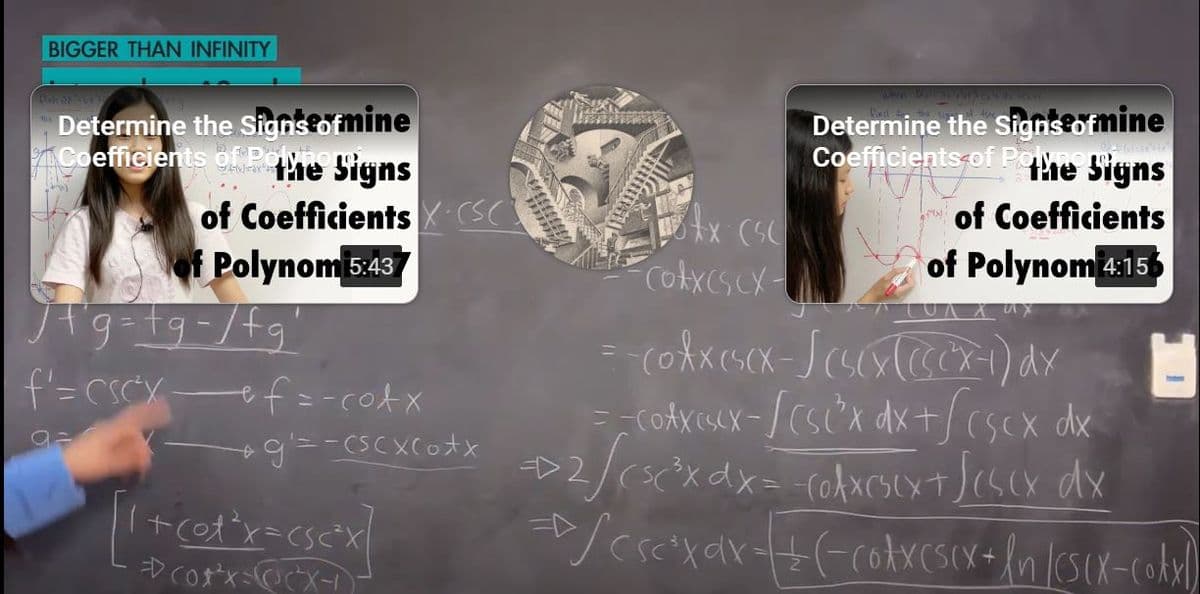 BIGGER THAN INFINITY
Determine the signs of mine
Coefficients of Poliest
Signs
of Coefficients X-CSC
of Polynom 5:43
/+g=tg-/fg'
9=
f'=csC²x — f = -cotx
eg=-CSCxcotx
[1 + cot²x=c5e³x]
Co²x=²X41
mins
A x (SC)
Colx sex
Determine the Signs of mine
Coefficients of Pole Signs
of Coefficients
of Polynom 4:15
= -(0xx (sex-√(sex (@CX-1) dx
=-COAXCSCX-/CSC²x dx +/cs cx dx
=> 2 / c²c²x dx = -colxcsex + √(sex dx
cx
Jestar(corresix+ In IS(X=cola