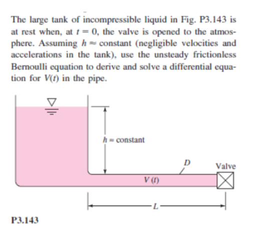 The large tank of incompressible liquid in Fig. P3.143 is
at rest when, at t = 0, the valve is opened to the atmos-
phere. Assuming h= constant (negligible velocities and
accelerations in the tank), use the unsteady frictionless
Bernoulli equation to derive and solve a differential equa-
tion for V(f) in the pipe.
h = constant
D
Valve
V (1)
РЭ.143
