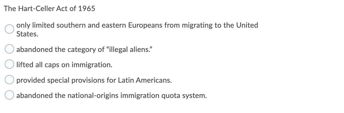 The Hart-Celler Act of 1965
only limited southern and eastern Europeans from migrating to the United
States.
abandoned the category of "illegal aliens."
lifted all caps on immigration.
provided special provisions for Latin Americans.
abandoned the national-origins immigration quota system.
