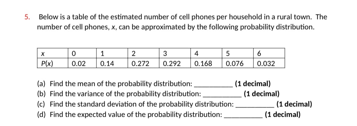 5.
Below is a table of the estimated number of cell phones per household in a rural town. The
number of cell phones, x, can be approximated by the following probability distribution.
X
P(x)
1
0
0.02 0.14
2
0.272
3
0.292
4
0.168
5
6
0.076 0.032
(a) Find the mean of the probability distribution:
(b) Find the variance of the probability distribution:
(c) Find the standard deviation of the probability distribution:
(d) Find the expected value of the probability distribution:
(1 decimal)
(1 decimal)
(1 decimal)
(1 decimal)