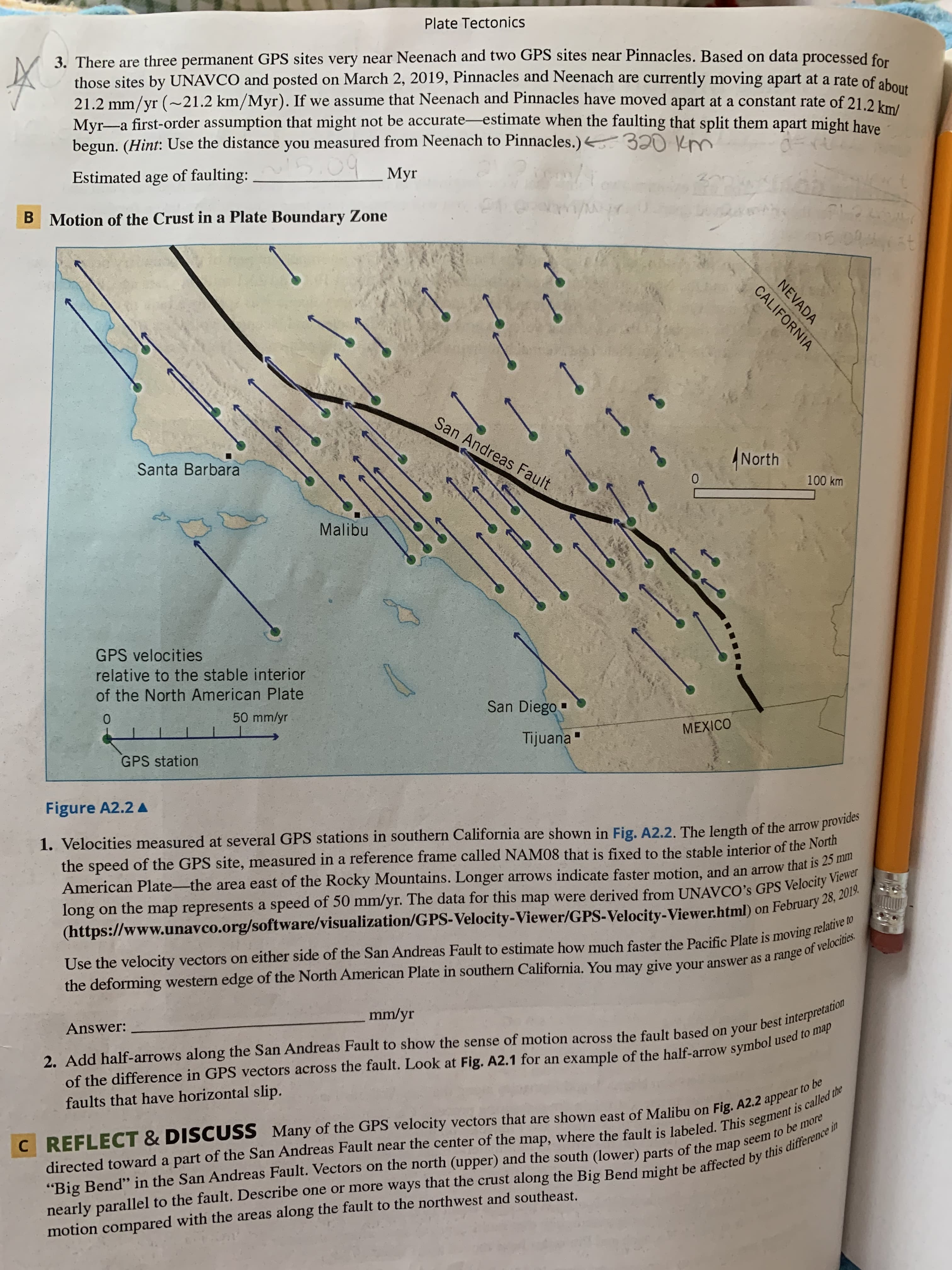 3. There are three permanent GPS sites very near Neenach and two GPS sites near Pinnacles. Based on data processed for
those sites by UNAVCO and posted on March 2, 2019, Pinnacles and Neenach are currently moving apart at a rate of abou
21.2 mm/yr (~21.2 km/Myr). If we assume that Neenach and Pinnacles have moved apart at a constant rate of 21,2 km/
Myr-a first-order assumption that might not be accurate-estimate when the faulting that split them apart might have
begun. (Hint: Use the distance you measured from Neenach to Pinnacles.)< 320 km
Estimated age of faulting:
Myr
