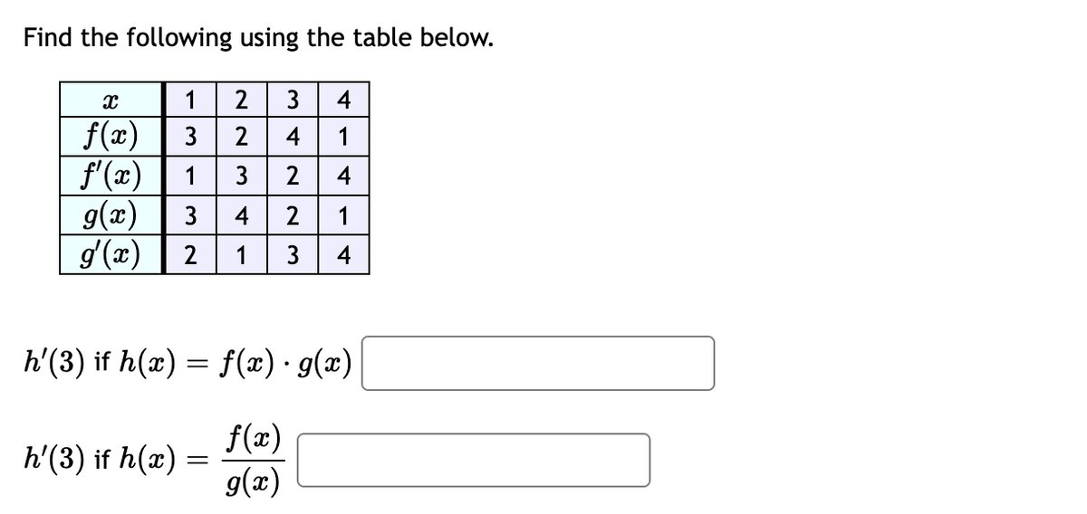 Find the following using the table below.
X
1 2 3 4
f(x) 3 2
f'(x) 1
g(x) 3 4
g'(x) 2 1 3 4
h'(3) if h(x)
AWNN
=
4223
1
h'(3) if h(x) = f(x) · g(x)
f(x)
g(x)
4