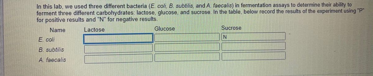 In this lab, we used three different bacteria (E. coli, B. subtilis, and A. faecalis) in fermentation assays to determine their ability to
ferment three different carbohydrates: lactose, glucose, and sucrose. In the table, below record the results of the experiment using "P"
for positive results and "N" for negative results.
Name
Lactose
Glucose
Sucrose
E coli
B. subtilis
A. faecalis
