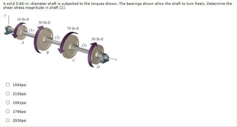 A solid 0.66-in.-diameter shaft is subjected to the torques shown. The bearings shown allow the shaft to turn freely. Determine the
shear stress magnitude in shaft (1).
10 Ib-ft
50 lb-ft
70 Ib-ft
30 lb-ft
1594psi
2126psi
1981psi
1786psi
2936psi
