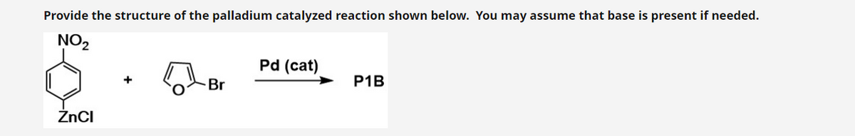 Provide the structure of the palladium catalyzed reaction shown below. You may assume that base is present if needed.
NO₂
ZnCl
Br
Pd (cat)
P1B