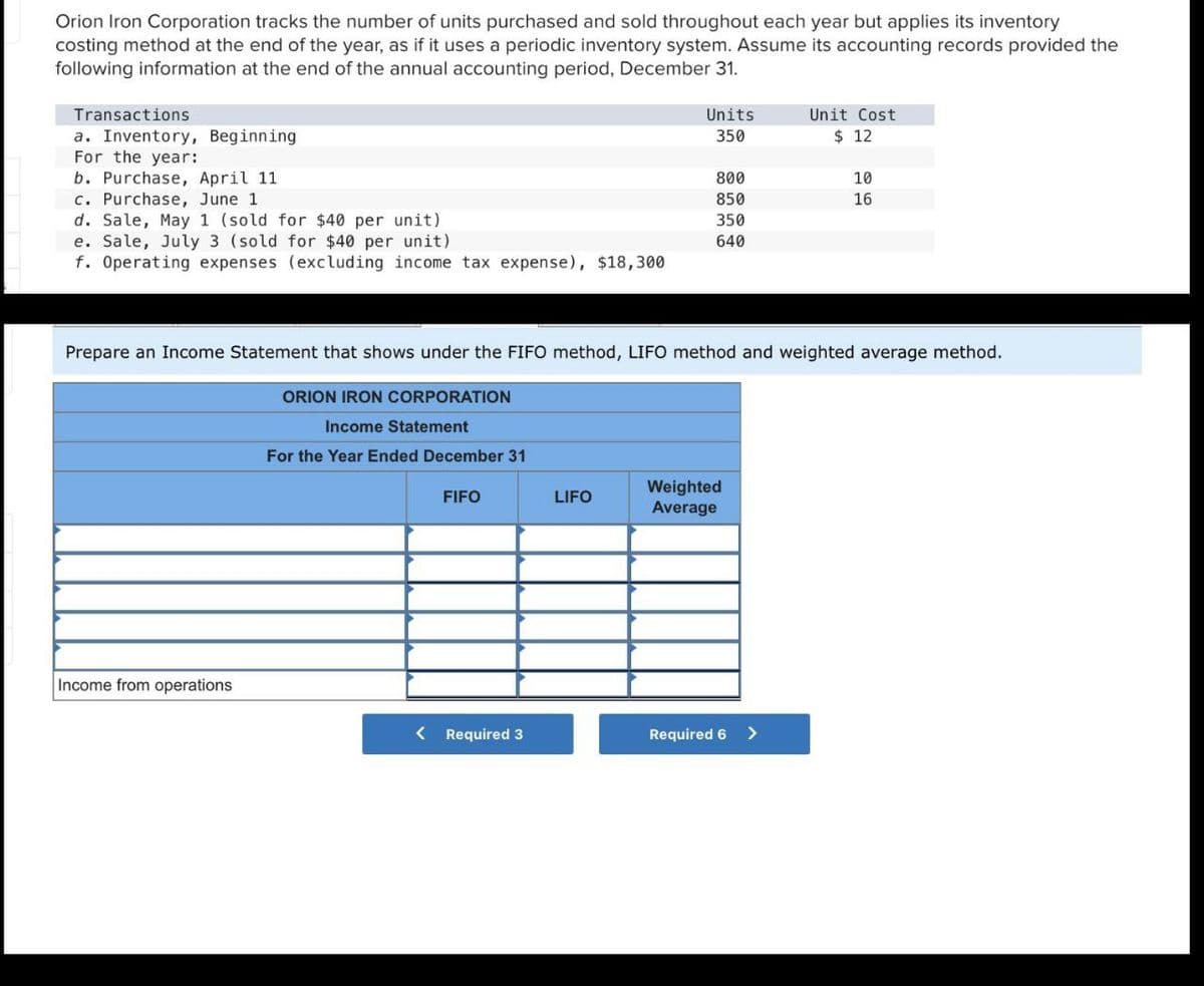 Orion Iron Corporation tracks the number of units purchased and sold throughout each year but applies its inventory
costing method at the end of the year, as if it uses a periodic inventory system. Assume its accounting records provided the
following information at the end of the annual accounting period, December 31.
Transactions
a. Inventory, Beginning
For the year:
b. Purchase, April 11
Units
Unit Cost
350
$ 12
800
10
850
16
350
640
f. Operating expenses (excluding income tax expense), $18,300
c. Purchase, June 1
d. Sale, May 1 (sold for $40 per unit)
e. Sale, July 3 (sold for $40 per unit)
Prepare an Income Statement that shows under the FIFO method, LIFO method and weighted average method.
ORION IRON CORPORATION
Income Statement
For the Year Ended December 31
FIFO
LIFO
Weighted
Average
Income from operations
< Required 3
Required 6 >