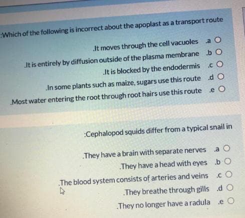 :Which of the following is incorrect about the apoplast as a transport route
It moves through the cell vacuoles a O
It is entirely by diffusion outside of the plasma membrane b O
It is blocked by the endodermis.cO
In some plants such as maize, sugars use this route d O
Most water entering the root through root hairs use this route e O
:Cephalopod squids differ from a typical snail in
They have a brain with separate nerves a O
They have a head with eyes b O
The blood system consists of arteries and veins .c O
They breathe through gills d O
They no longer have a radula e O
