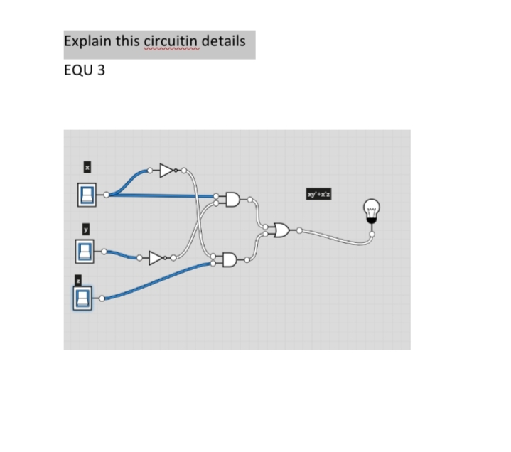 ### Understanding Logic Circuits

#### Introduction

In this educational guide, we will delve into the details of a specific logic circuit, illustrated in the provided image. This particular circuit represents the Boolean expression shown in the diagram and demonstrates logical operations using basic logic gates.

#### Circuit Components

1. **Inputs**: The circuit has three input variables labeled as x, y, and z.
2. **Logic Gates**:
   - **AND Gate**: A gate that outputs true only if all its inputs are true.
   - **OR Gate**: A gate that outputs true if at least one of its inputs is true.
   - **NOT Gate**: A gate that outputs the inverse of its input (if input is true, output is false and vice versa).

#### Circuit Diagram Explanation

- **Inputs**: 
  - x
  - y
  - z

- **Connections**:
  - The input **x** directly enters an AND gate.
  - Input **x** also splits off and enters a NOT gate, inverting the signal to \( \bar{x} \).
  - The input **y** directly enters the first AND gate, forming the term \( xy \).
  - Input **y** splits off and enters another AND gate, forming the term \( \bar{x}z \).

- **Intermediate Nodes**:
  - The AND gate combining **x** and **y** outputs \( xy \).
  - Another AND gate combines \( \bar{x} \) and **z** to form \( \bar{x}z \).
  - These two outputs are then combined in an OR gate, computing \( xy + \bar{x}z \).

- **Output**:
  - The OR gate outputs the final result, which lights up the bulb if the condition \( xy + \bar{x}z \) or the Boolean expression \( xy + \bar{x}z \) is satisfied.

#### Boolean Expression

The circuit logically represents the Boolean expression:
\[ xy' + x'z \]

This means the bulb will light up if either \( xy' \) or \( x'z \) is true.

#### Summary

This logic circuit is a fantastic example of basic digital electronics, demonstrating how Boolean algebra can be implemented practically using logic gates to achieve a specific output based on defined logical conditions. Understanding the detailed workings of such circuits forms the foundation of more complex digital systems.
