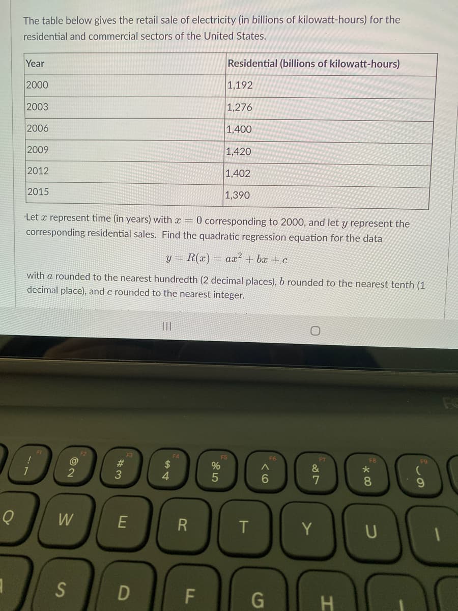 The table below gives the retail sale of electricity (in billions of kilowatt-hours) for the
residential and commercial sectors of the United States.
Residential (billions of kilowatt-hours)
Year
1,192
2000
1,276
2003
2006
1,400
2009
1,420
2012
1,402
2015
1,390
Let x represent time (in years) with x = 0 corresponding to 2000, and let y represent the
corresponding residential sales. Find the quadratic regression equation for the data
y = R(x)
= ax² + bx + c
with a rounded to the nearest hundredth (2 decimal places), b rounded to the nearest tenth (1
decimal place), and c rounded to the nearest integer.
II
F1
F2
F3
F4
F5
F6
F7
FB
F9
@
23
%
4.
6.
8.
W
R
Y
U
S
H
10
5
