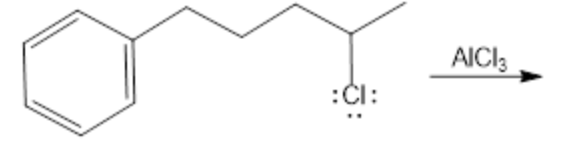 ### Explanation of the Reaction Mechanism 

This image demonstrates a chemical reaction involving the reagents and catalysts necessary for a specific organic synthesis process.

#### Starting Material:
- **Benzene Ring** (left side): The molecule contains a benzene ring attached to a propyl chain.
- **3-Chloropropyl Benzene**: The structural formula depicts a benzene ring attached through a three-carbon chain to a chlorine atom (Cl) at the other end of the chain.

#### Reagent:
- **AlCl₃ (Aluminum Chloride)**: This is used as a catalyst in the reaction.

#### Reaction Overview:
The diagram shows a reaction arrow pointing from the starting material, 3-chloropropyl benzene, to an unspecified product, with aluminum chloride (AlCl₃) indicated as a catalyst above the arrow.

#### Mechanism Detail:
- The AlCl₃ catalyst likely aids in facilitating the electrophilic aromatic substitution or Friedel-Crafts reaction where the chlorine atom can be part of forming a more electrophilic species.
- This reaction could proceed via the formation of a carbocation intermediate after chlorine dissociates.

This section would be followed by further explanation and products once specified, allowing for a more comprehensive understanding of the reaction mechanism involved.