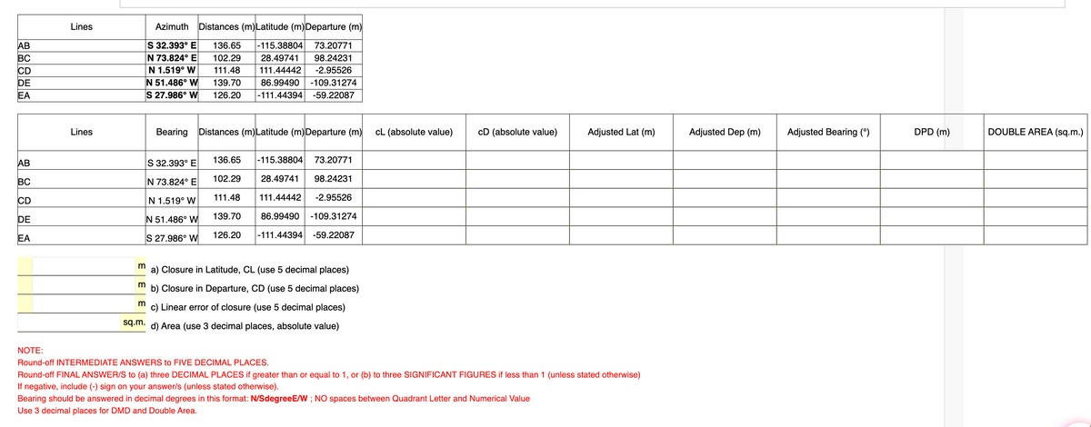 AB
BC
CD
DE
EA
AB
BC
CD
DE
EA
Lines
Lines
Azimuth Distances (m) Latitude (m) Departure (m)
S 32.393° E
N 73.824° E
N 1.519° W
N 51.486° W
S 27.986° W
136.65
102.29
111.48
139.70
126.20
-115.38804 73.20771
28.49741 98.24231
111.44442 -2.95526
86.99490 -109.31274
-111.44394 -59.22087
Bearing
S 32.393° E
N 73.824° E
N 1.519° W
N 51.486° W
S 27.986° W
Distances (m) Latitude (m) Departure (m) cL (absolute value)
-115.38804
73.20771
136.65
102.29
111.48
28.49741 98.24231
111.44442
-2.95526
139.70
86.99490
-109.31274
126.20 -111.44394 -59.22087
m
a) Closure in Latitude, CL (use 5 decimal places)
m
b) Closure in Departure, CD (use 5 decimal places)
m
c) Linear error of closure (use 5 decimal places)
sq.m. d) Area (use 3 decimal places, absolute value)
CD (absolute value)
Adjusted Lat (m)
NOTE:
Round-off INTERMEDIATE ANSWERS to FIVE DECIMAL PLACES.
Round-off FINAL ANSWER/S to (a) three DECIMAL PLACES if greater than or equal to 1, or (b) to three SIGNIFICANT FIGURES if less than 1 (unless stated otherwise)
If negative, include (-) sign on your answer/s (unless stated otherwise).
Bearing should be answered in decimal degrees in this format: N/SdegreeE/W; NO spaces between Quadrant Letter and Numerical Value
Use 3 decimal places for DMD and Double Area.
Adjusted Dep (m)
Adjusted Bearing (°)
DPD (m)
DOUBLE AREA (sq.m.)
