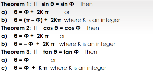 Theorem 1: If sin e = sin O then
a) e = 0 + 2K T
b) e = (T - P) + 2Km where K is an integer
Theorem 2: If cos e = cos then
a) e = 0 + 2K T
b) e = -0 + 2K T where K is an integer
Theorem 3: If tan e = tan O then
a) e = 0
e = 0 + K T where K is an integer
or
or
or
c)
