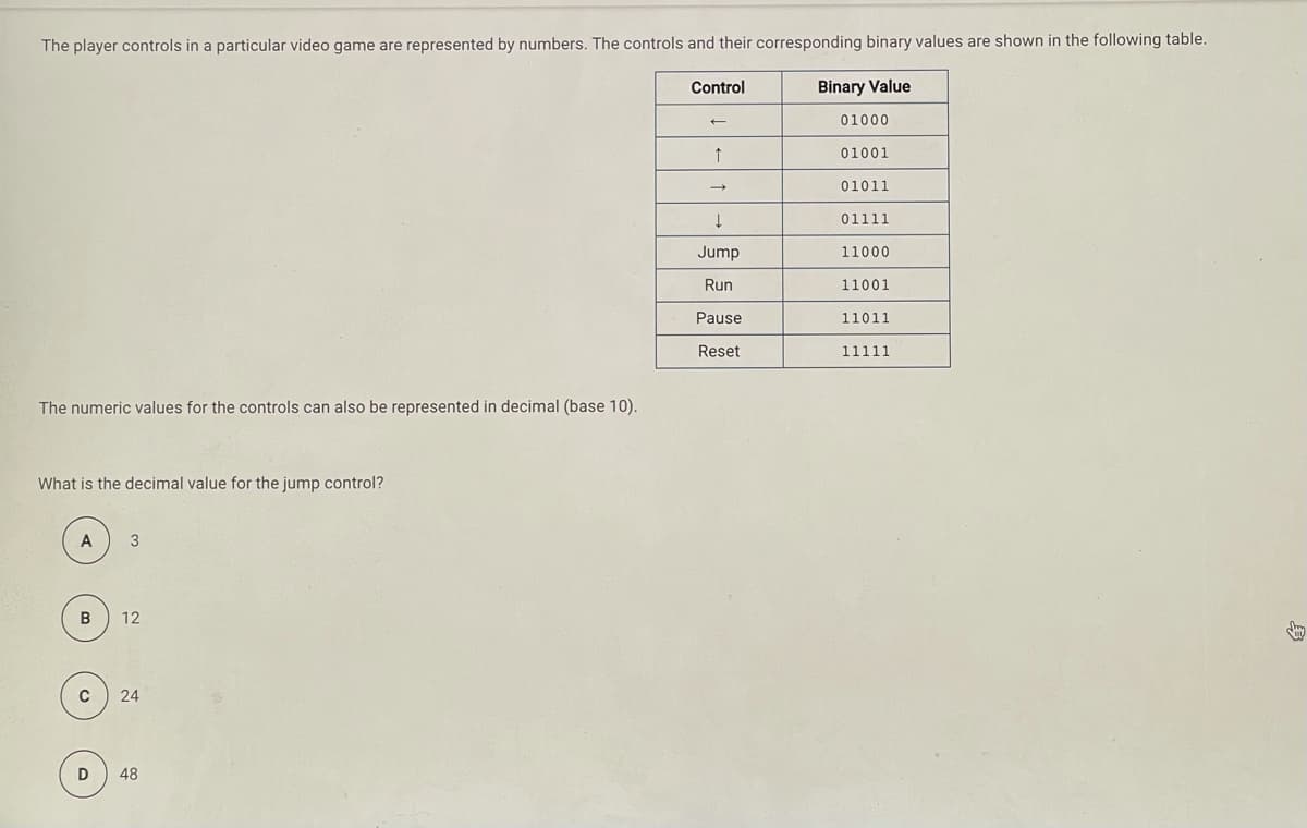 The player controls in a particular video game are represented by numbers. The controls and their corresponding binary values are shown in the following table.
Control
Binary Value
01000
01001
01011
01111
Jump
11000
Run
11001
Pause
11011
Reset
11111
The numeric values for the controls can also be represented in decimal (base 10).
What is the decimal value for the jump control?
3
12
24
48
