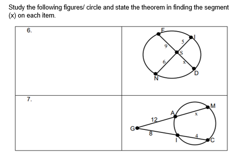 Study the following figures/ circle and state the theorem in finding the segment
(x) on each item.
6.
7.
12
G
