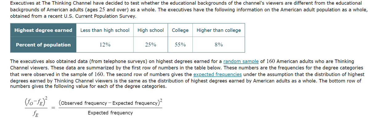 Executives at The Thinking Channel have decided to test whether the educational backgrounds of the channel's viewers are different from the educational
backgrounds of American adults (ages 25 and over) as a whole. The executives have the following information on the American adult population as a whole,
obtained from a recent U.S. Current Population Survey.
Highest degree earned Less than high school
Percent of population
12%
(fo-fz)²
JE
High school
25%
College Higher than college
(Observed frequency - Expected frequency)²
Expected frequency
55%
The executives also obtained data (from telephone surveys) on highest degrees earned for a random sample of 160 American adults who are Thinking
Channel viewers. These data are summarized by the first row of numbers in the table below. These numbers are the frequencies for the degree categories
that were observed in the sample of 160. The second row of numbers gives the expected frequencies under the assumption that the distribution of highest
degrees earned by Thinking Channel viewers is the same as the distribution of highest degrees earned by American adults as a whole. The bottom row of
numbers gives the following value for each of the degree categories.
8%