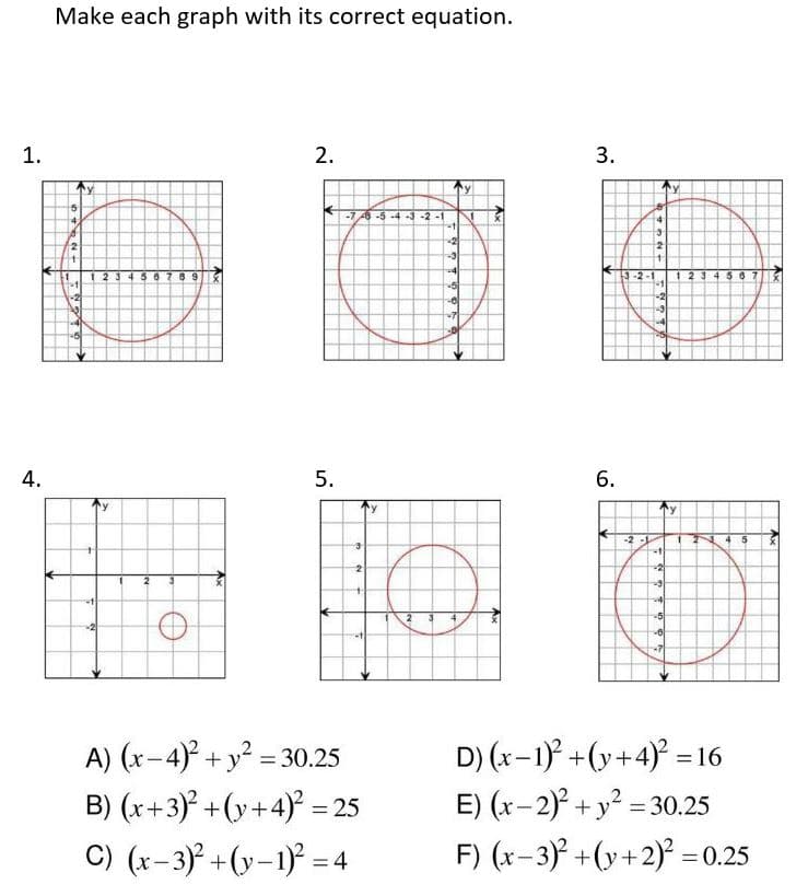 Make each graph with its correct equation.
1.
3.
-78 -5 -4 -3 -2 -1
4.
23456
3-2-1
12345
tut
-5
-2
4.
6.
10
-2
-5
D) (x-1)° +(y+4)° =16
A) (x-4)° + y = 30.25
B) (x+3)° +(y+4) = 25
C) (x-3) +(y-1) = 4
%3D
E) (x-2) +y2 =30.25
F) (x-3) +(y+2)° =0.25
%3D
Ax
2.
5.
