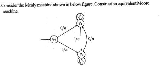 - Consider the Mealy machine shown in below figure. Construct an equivalent Moore
machine.
0/n
1/n
0fn
1/n
92
