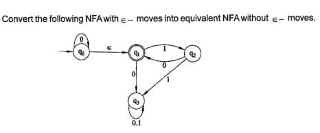 Convert the following NFA with e- moves into equivalent NFA without e- moves.
0.1
