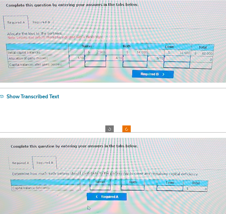 Complete this question by entering your answers in the tabs below.
Required A Required B
Allocate the loss to the partners.
Note: Losses and deficits should be indicated with a mintis sign
Initial capital balances
Allocation of gains (losses)
Capital balances after gains (losses)
Show Transcribed Text
Required A
Required B
Turner
1/10
Capital balance deficiency
2,500
G
4/10
Complete this question by entering your answers in the tabs below.
Roth
S
14,000
< Required A
5/10
Required B >
Lowe
S
31,500 $
Determine how much each partner should contribute to the partnership to cover any remaining capital deficiency.
Turner
Roth
Lowe
Total
43,000
0
Total