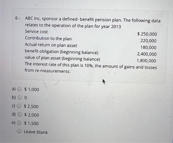 6- ABC Inc, sponsor a defined- benefit pension plan. The following data
relates to the operation of the plan for year 2013
Service cost
a)
b)
C)
e)
$ 250,000
220,000
180,000
2,400,000
1,800,000
Contribution to the plan
Actual return on plan asset
benefit obligation (beginning balance)
value of plan asset (beginning balance)
The interest rate of this plan is 10%, the amount of gains and losses
from re-measurements:
$ 1,000
0
$ 2,500
$ 2,000
$1,500
Leave blank