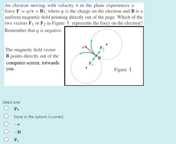 An electron moving with velocity v in the plane experiences a
force F = q (v x B), where q is the charge on the electron and B is a
uniform magnetic field pointing directly out of the page. Which of the
two vectors F₁ or F2 in Figure 1 represents the force on the electron?
Remember that q is negative.
The magnetic field vector
B points directly out of the
computer screen, torwards
you.
Select one:
F2
None or the options is correct.
-B
F₁
B
Figure 1