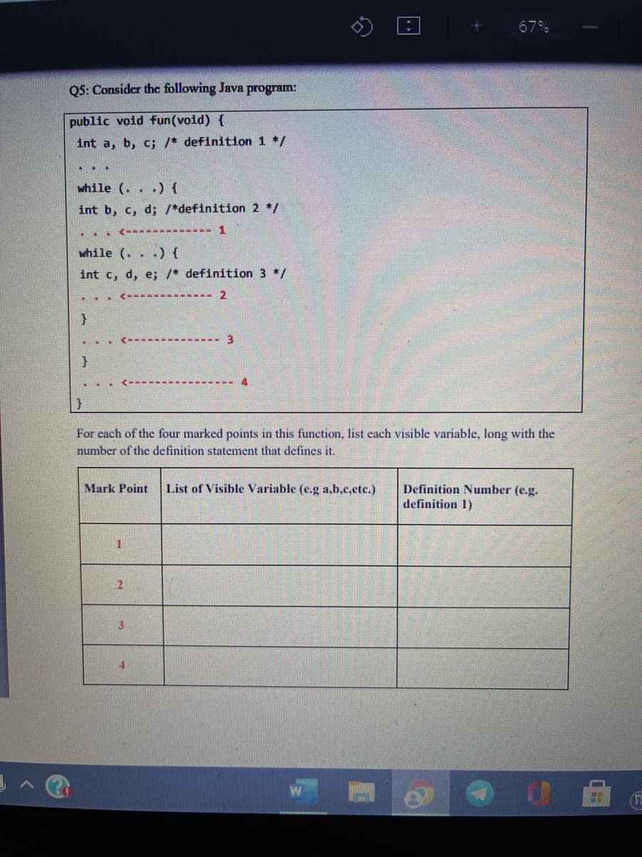 67%
Os: Consider the following Java program:
public void fun(void) {
Int a, b, c; /* definition 1 */
while (. . .) (
int b, c, d; /*definition 2 */
1.
while (. . .) {
int c, d, e; /* definition 3 */
2
3.
4
For each of the four marked points in this function, list each visible variable, long with the
number of the definition statement that defines
Mark Point
List of Visible Variable (e.g a,b.c.etc.)
Definition Number (e.g.
definition 1)
2.
4.
(T
