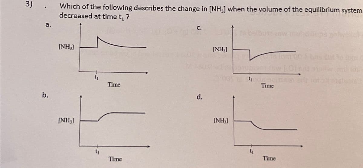 3)
a.
b.
Which of the following describes the change in [NH3] when the volume of the equilibrium system
decreased at time t₁ ?
70-045
[NH₂]
[NH₂]
Time
Time
C.
07
d.
[NH₂]
[NH₂]
t₁
10
Time
Time
out to tam C
adı 1013 studi