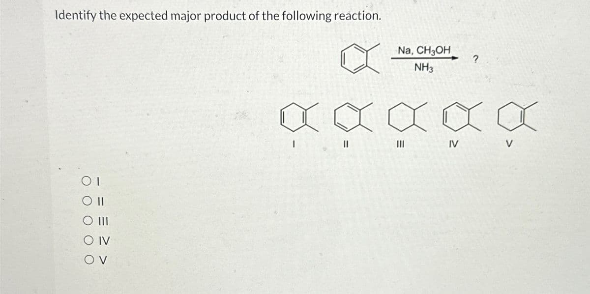 Identify the expected major product of the following reaction.
01
O II
III
SO IV
ον
Na, CH₂OH
NH3
ааааа
=
?
IV