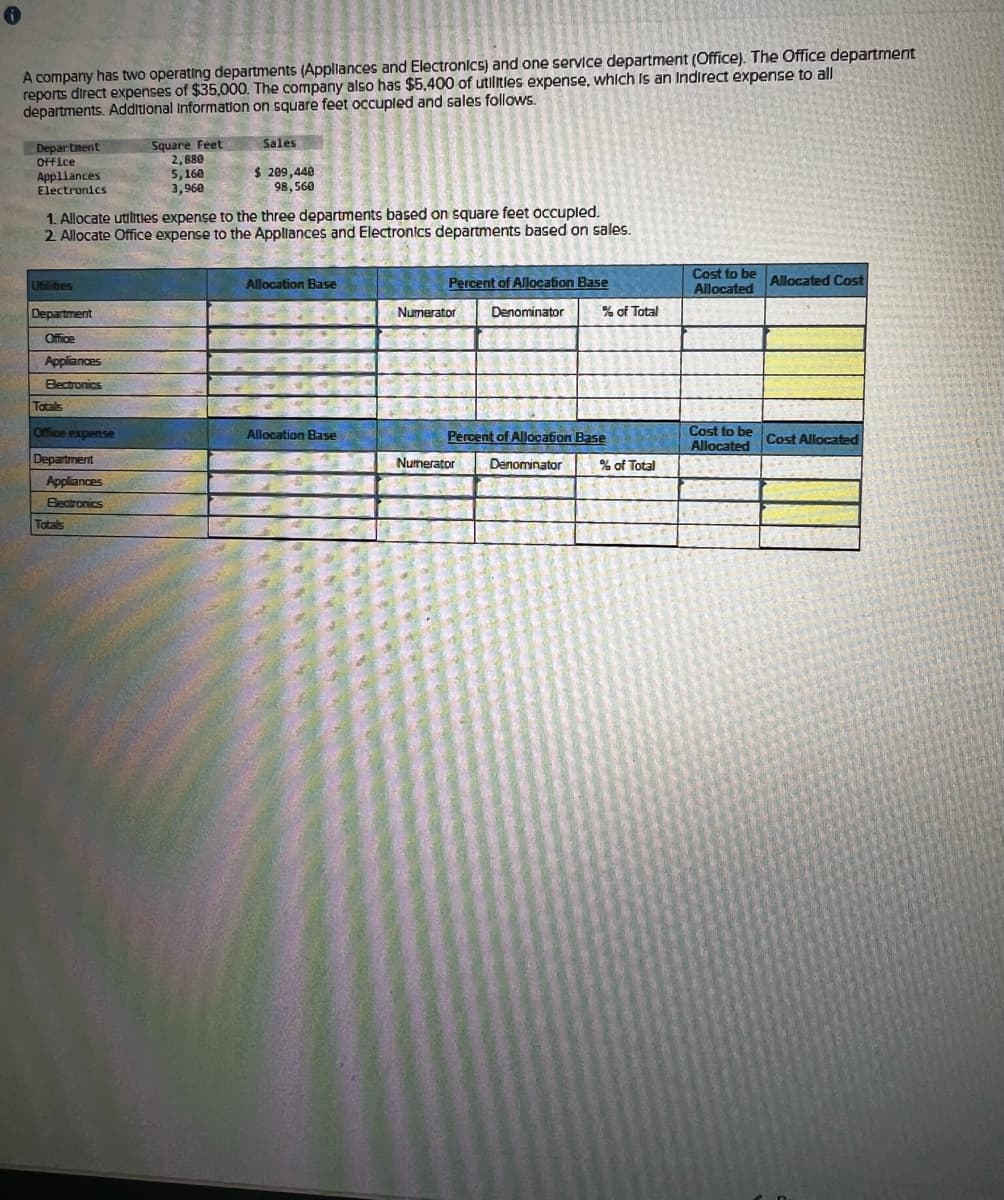 A company has two operating departments (Appliances and Electronics) and one service department (Office). The Office department
reports direct expenses of $35,000. The company also has $5,400 of utilities expense, which is an Indirect expense to all
departments. Additional Information on square feet occupled and sales follows.
Department
Office
Appliances
Electronics
Square Feet
2,880
5,160
3,960
Sales
$ 209,440
98,560
1. Allocate utilities expense to the three departments based on square feet occupied.
2. Allocate Office expense to the Appliances and Electronics departments based on sales.
Utilities
Department
Office
Allocation Base
Numerator
Percent of Allocation Base
Denominator
Cost to be
Allocated
Allocated Cost
% of Total
Appliances
Electronics
Totals
Office expense
Allocation Base
Percent of Allocation Base
Cost to be
Allocated
Cost Allocated
Department
Numerator
Denominator
% of Total
Appliances
Blectronics
Totals