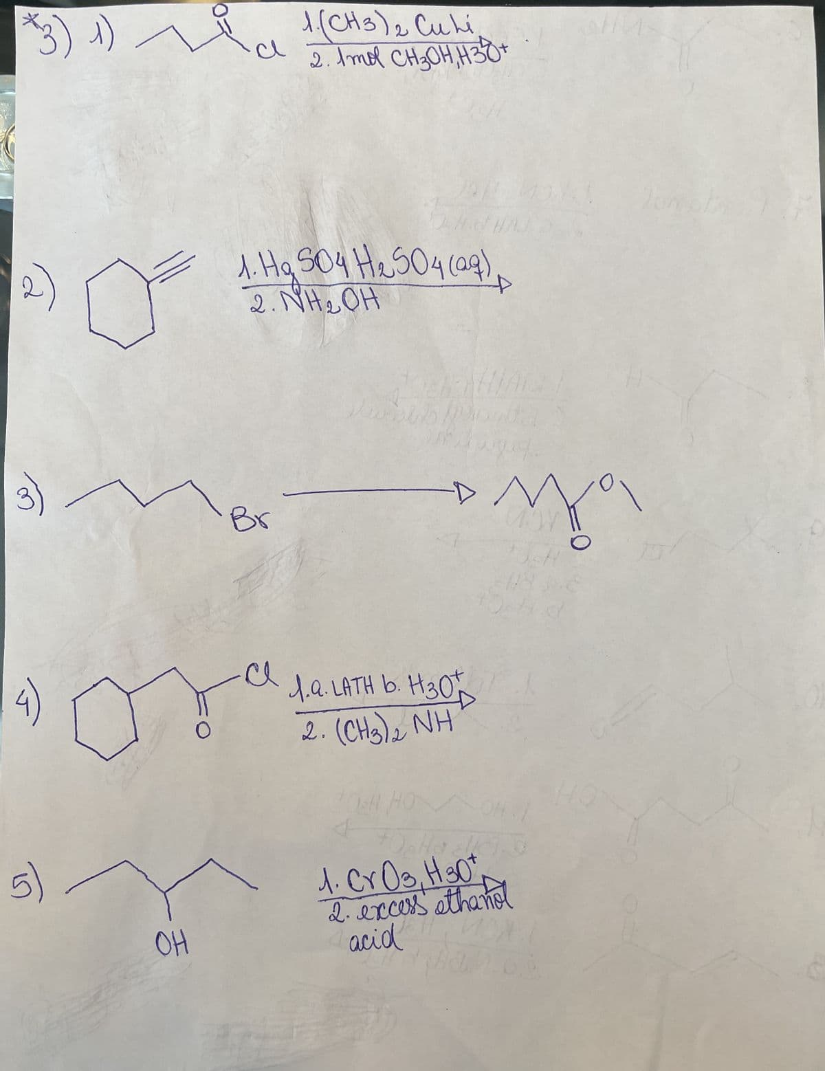 *3) )
(CHs)2 Cuhi
2. dmol CH2OH,H30*
liHq S04 He504(9)
2.NH2OH
Br
ya LATH b. H30
2. (CHa), NH
OH.
5)
1.crOo.H0*
2.exces athanl
acid
OH
