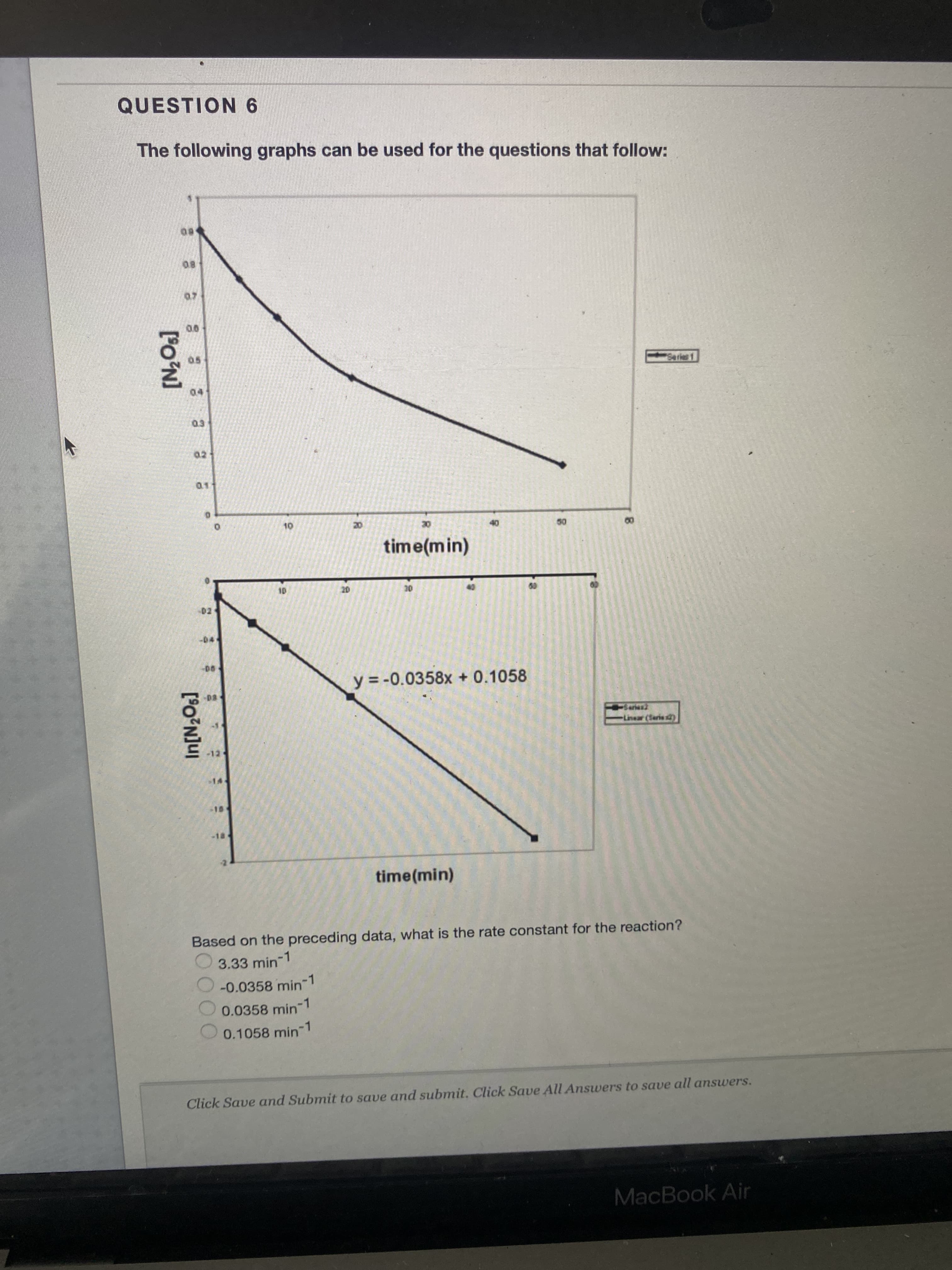 ['o'N]
QUESTION 6
The following graphs can be used for the questions that follow:
80
00
05.
time(min)
y = -0.0358x + 0.1058
time(min)
Based on the preceding data, what is the rate constant for the reaction?
3.33 min-1
-0.0358 min-1
0.0358 min-1
0.1058 min
-1
Click Save and Submit to save and submit. Click Save All Answers to save all answers.
MacBook Air
