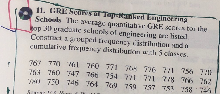 11. GRE Scores at Top-Ranked Engineering
Schools The average quantitative GRE scores for the
top 30 graduate schools of engineering are listed.
Construct a grouped frequency distribution and a
cumulative frequency distribution with 5 classes.
767 770 761 760 771 768 776 771 756 770
763 760 747 766 754 771 771 778 766 762
780 750 746 764 769 759 757 753 758 746
Source: IU S News & H
