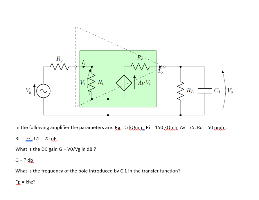 Vg
Rg
m
Vi
Ri
Ro
m
Av Vi
RL
C₁ Vo
In the following amplifier the parameters are: Rg = 5 kOmh, Ri= 150 kOmh, Av= 75, Ro = 50 omh,
RL = ∞, C1 = 25 nF
What is the DC gain G = VO/Vg in dB ?
G = ? db
What is the frequency of the pole introduced by C 1 in the transfer function?
FR = khz?