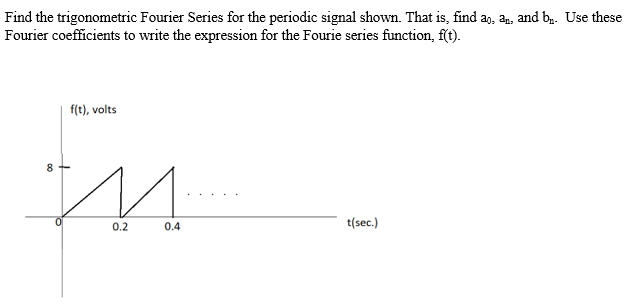 Find the trigonometric Fourier Series for the periodic signal shown. That is, find a, an, and bn. Use these
Fourier coefficients to write the expression for the Fourie series function, f(t).
8
т
f(t), volts
М
0.2
0.4
t(sec.)