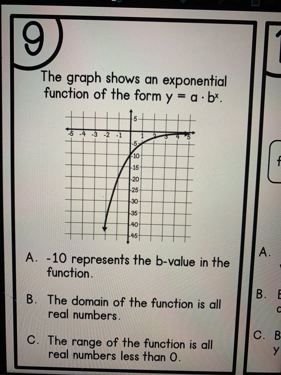 9)
The graph shows an exponential
function of the form y = a· b*.
%3D
-5
5 4 -3 -2 -1
-5
10
-15
-20
25
30
35
-40
45
А.
A. -10 represents the b-value in the
function.
В. В
B. The domain of the function is all
real numbers.
С. В
C. The range of the function is all
real numbers less than 0.
