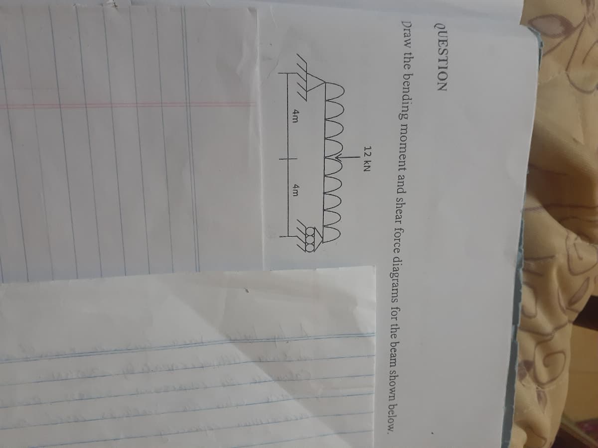 QUESTION
Draw the bending moment and shear force diagrams for the beam shown below.
12 kN
4m
4m
