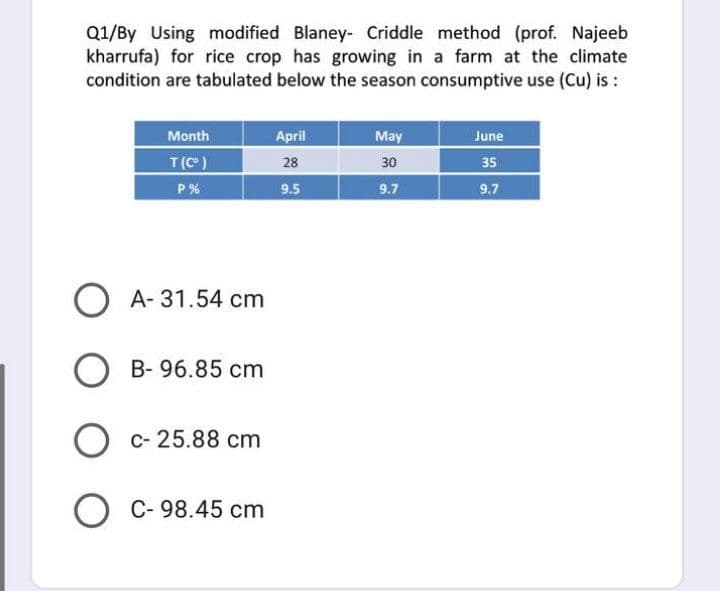 Q1/By Using modified Blaney- Criddle method (prof. Najeeb
kharrufa) for rice crop has growing in a farm at the climate
condition are tabulated below the season consumptive use (Cu) is :
Month
April
May
June
T(C )
28
30
35
P %
9.5
9.7
9.7
A- 31.54 cm
B- 96.85 cm
c- 25.88 cm
C- 98.45 cm
