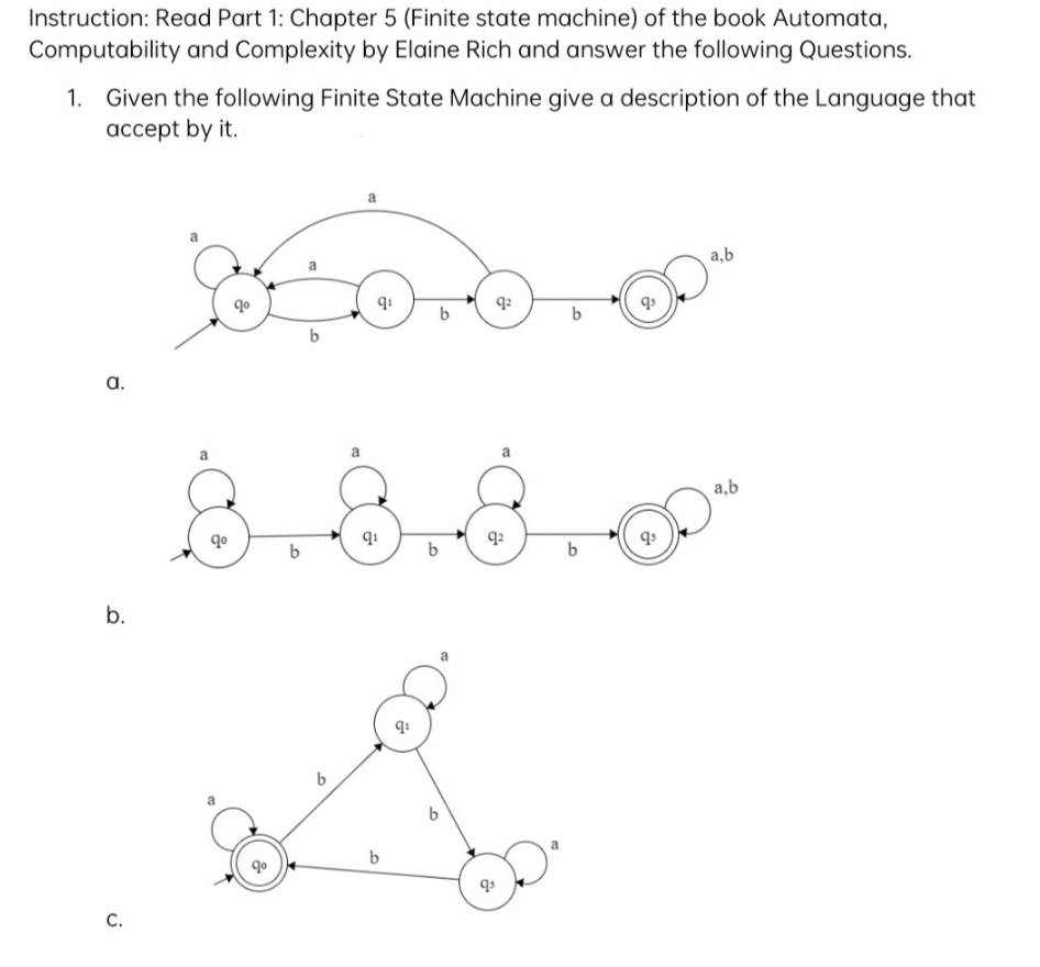 Instruction: Read Part 1: Chapter 5 (Finite state machine) of the book Automata,
Computability and Complexity by Elaine Rich and answer the following Questions.
1. Given the following Finite State Machine give a description of the Language that
accept by it.
a.
b.
C.
dooo
q₁
9²
b
qº
qº
a
b
8.8.8.00
b
b
b
q₁
b
b
a,b
b
a,b