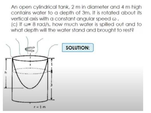 An open cylindrical tank, 2 m in diameter and 4 m high
contains water to a depth of 3m. It is rotated about its
vertical axis with a constant angular speed w
(c) If = 8 rad/s, how much water is spilled out and to
what depth will the water stand and brought to rest?
r=1m
SOLUTION: