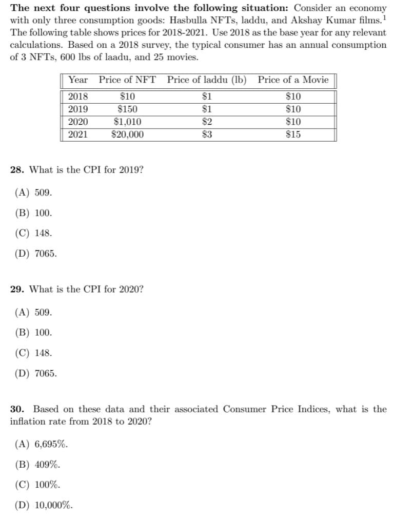 The next four questions involve the following situation: Consider an economy
with only three consumption goods: Hasbulla NFTS, laddu, and Akshay Kumar films.1
The following table shows prices for 2018-2021. Use 2018 as the base year for any relevant
calculations. Based on a 2018 survey, the typical consumer has an annual consumption
of 3 NFTS, 600 lbs of laadu, and 25 movies.
Year Price of NFT Price of laddu (lb)
Price of a Movie
2018
$10
$1
$10
2019
$150
$1
$10
$1,010
$20,000
2020
$2
$10
2021
$3
$15
28. What is the CPI for 2019?
(A) 509.
(В) 100.
(C) 148.
(D) 7065.
29. What is the CPI for 2020?
(A) 509.
(B) 100.
(С) 148.
(D) 7065.
30. Based on these data and their associated Consumer Price Indices, what is the
inflation rate from 2018 to 2020?
(A) 6,695%.
(B) 409%.
(C) 100%.
(D) 10,000%.
