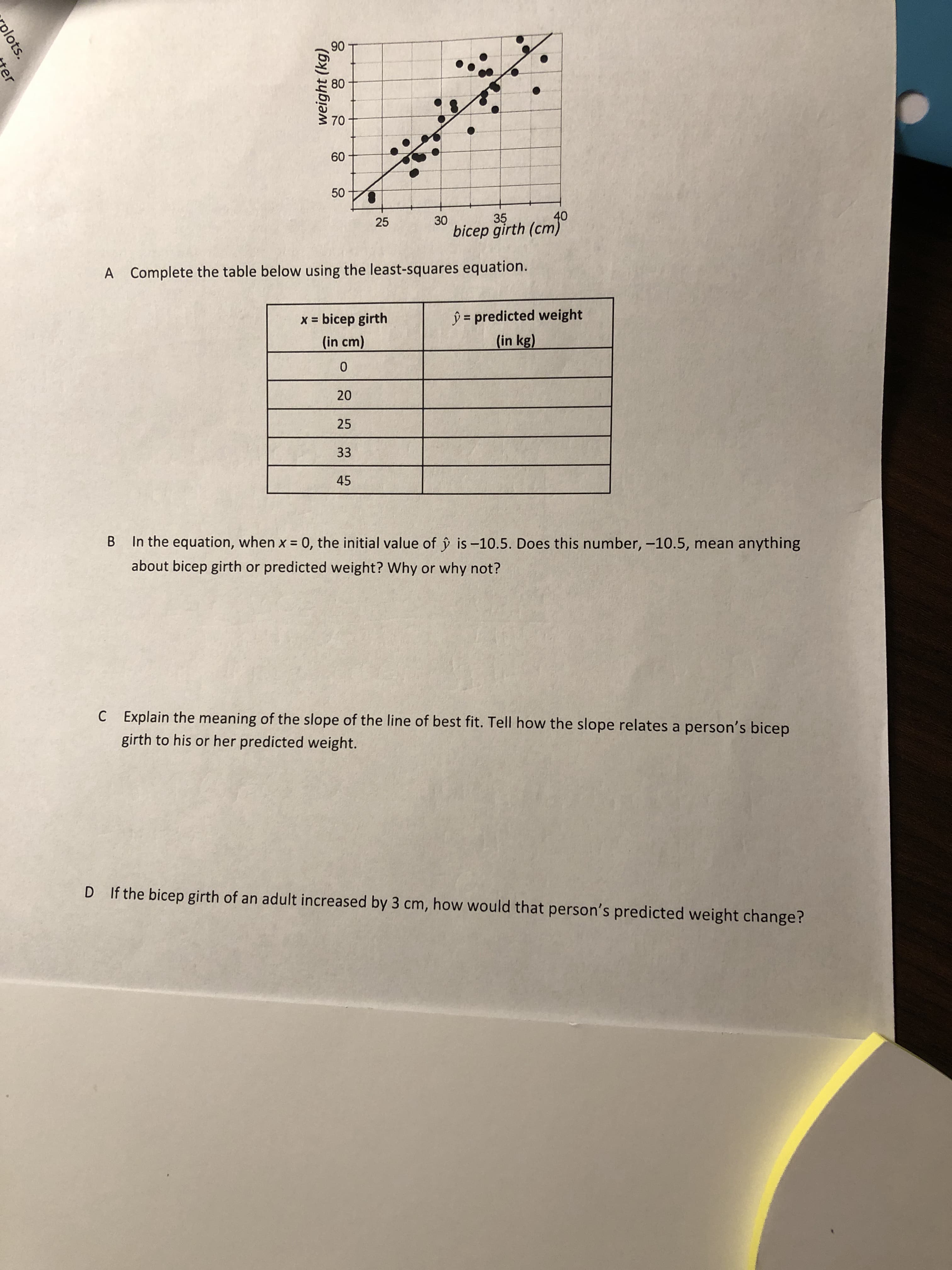 ### Least-Squares Equation Application in Bicep Girth and Predicted Weight Analysis

#### Graph Description
The provided graph plots data points representing weight (in kg) versus bicep girth (in cm). Both the x-axis and y-axis are uniformly scaled with the x-axis representing bicep girth ranging from 20 cm to 40 cm, and the y-axis representing weight ranging from 50 kg to 90 kg. A line of best fit is plotted, which indicates a positive correlation between bicep girth and weight.

#### Questions and Instructions

**A) Complete the table below using the least-squares equation.**

| x = bicep girth (in cm) | ŷ = predicted weight (in kg) |
|-------------------------|-----------------------------|
| 0                       |                             |
| 20                      |                             |
| 25                      |                             |
| 33                      |                             |
| 45                      |                             |

**B) In the equation, when \( x = 0 \), the initial value of \( \hat{y} \) is -10.5. Does this number, -10.5, mean anything about bicep girth or predicted weight? Why or why not?**

**C) Explain the meaning of the slope of the line of best fit. Tell how the slope relates a person's bicep girth to his or her predicted weight.**

**D) If the bicep girth of an adult increased by 3 cm, how would that person’s predicted weight change?**

### Explanation

**B) Interpretation of Initial Value**
The initial value of \( \hat{y} \) at \( x = 0 \) is -10.5. Since negative weight is not physically meaningful, this value does not provide a direct real-world interpretation in this context. It simply represents the y-intercept in the regression equation, and can be considered as a mathematical artifact of the model rather than having practical significance.

**C) Meaning of the Slope**
The slope of the line of best fit represents the rate of change of predicted weight with respect to bicep girth. If the slope is positive, it indicates that as bicep girth increases, the predicted weight also increases. The numerical value of the slope tells us how many kilograms the weight is expected to increase per centimeter increase in bicep girth.

**D) Impact of Increased