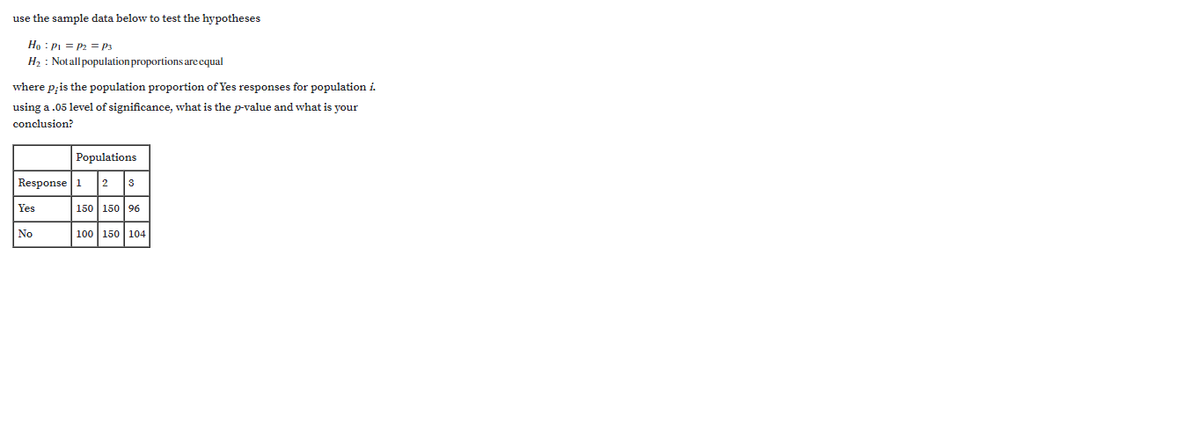 use the sample data below to test the hypotheses
Ho : Pi = P2 = P3
H2 : Notall population proportions are equal
where p;is the population proportion of Yes responses for population i.
using a .05 level of significance, what is the p-value and what is your
conclusion?
Populations
Response 1
2
Yes
150 150 96
No
100 150 104
