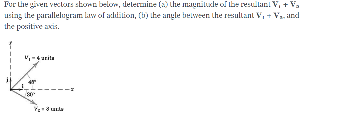 For the given vectors shown below, determine (a) the magnitude of the resultant V, + V2
using the parallelogram law of addition, (b) the angle between the resultant V, + V2, and
the positive axis.
V = 4 units
45°
i
30°
V2 = 3 units
