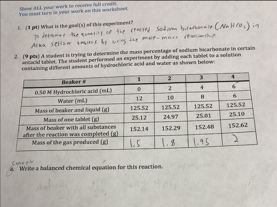 Show ALL your work to receive full credit.
You must turn in your work on this worksheet.
1.
(1 pt) What is the goal (s) of this experiment?
To determine the auont
of the (racted sodiunn bicerbona te CNa H Co) in
Alka SCl2er tayies b usias 4ue male- mass eician ship.
(9 pts) A student is trying to determine the mass percentage of sodium bicarbonate in certain
antacid tablet. The student performed an experiment by adding each tablet to a solution
containing different amounts of hydrochloric acid and water as shown below:
2.
2
2
10
3
4
8
4
6
6
Beaker #
0.50 M Hydrochloric acid (mL)
Water (mL)
Mass of beaker and liquid (g)
Mass of one tablet (g)
Mass of beaker with all substanees
after the reaction was completed (g)
0
12
125.52 125.52
25.10
25.12 24.97
25.01
152.14 152.29 152.48 152.62
Mass of the gas produced (B)
S
Check pic
a, Write a balanced chemical equation for this reaction.
