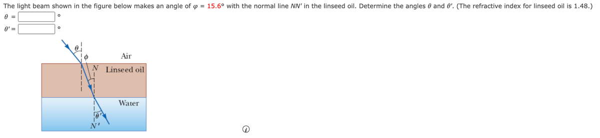 The light beam shown in the figure below makes an angle of o = 15.6° with the normal line NN' in the linseed oil. Determine the angles 0 and 0'. (The refractive index for linseed oil is 1.48.)
0' =
Air
N
Linseed oil
Water
