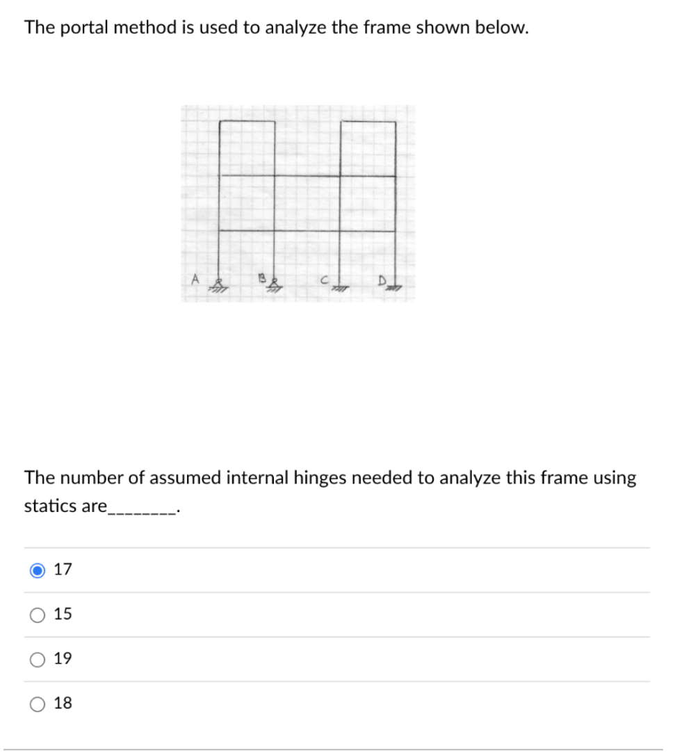 The portal method is used to analyze the frame shown below.
The number of assumed internal hinges needed to analyze this frame using
statics are
O
17
15
19
18