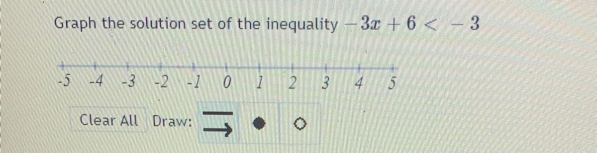 Graph the solution set of the inequality-3z +6<-3
-54
3 -2 -1 0
12 3 4
Clear All Draw:
