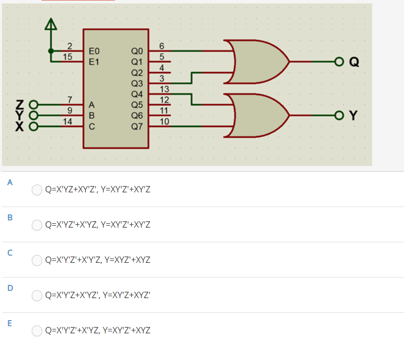 E0
Q0
15
E1
Q1
4
13
12
Α
Q5
9.
11
10
-ΟΥ
Β
Q6
14
Q7
Α
Q=X'YZ+XY'Z', Y=XY'Z'+XY'Z
Β
Q=X'YZ'+X'YZ, Y=XY'Z'+XY'Z
Q=X'Y'Z'+X'Y'Z, Y=XYZ'+XYZ
D
Q=X'Y'Z+X'YZ', Y=XY'Z+XYZ'
Ε
Q=X'Y'Z'+X'YZ, Y=XY'Z'+XYZ
N>X
