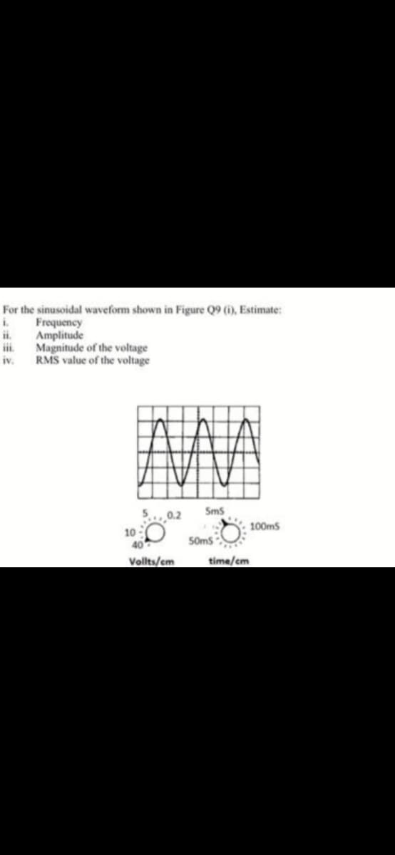 For the sinusoidal waveform shown in Figure Q9 (i), Estimate:
i.
Frequency
i.
Amplitude
ii.
Magnitude of the voltage
iv.
RMS value of the voltage
Sms
0.2
100ms
10
40
50ms
Vollts/cm
time/cm
